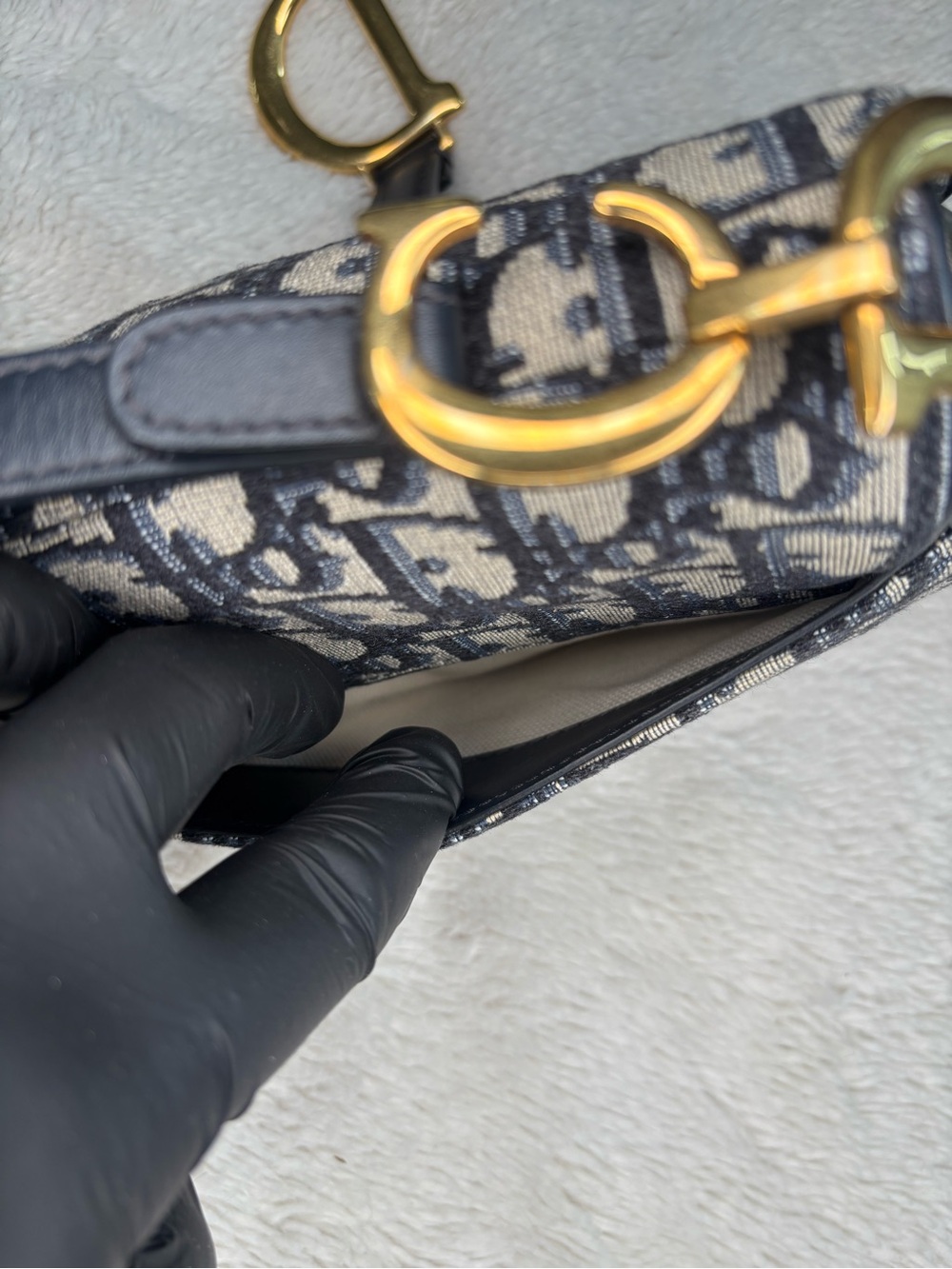 Christian Dior Vintage Oblique Saddle Bag Navy Trotter Monogram Gold Hardware - Picture 8 of 16